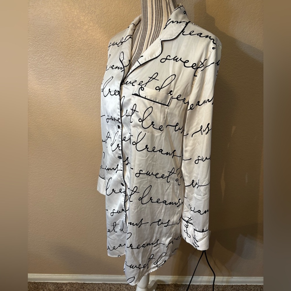 Victoria's Secret Nightgown Small White Satin Long Pajama Shirt Black Script - Picture 7 of 13
